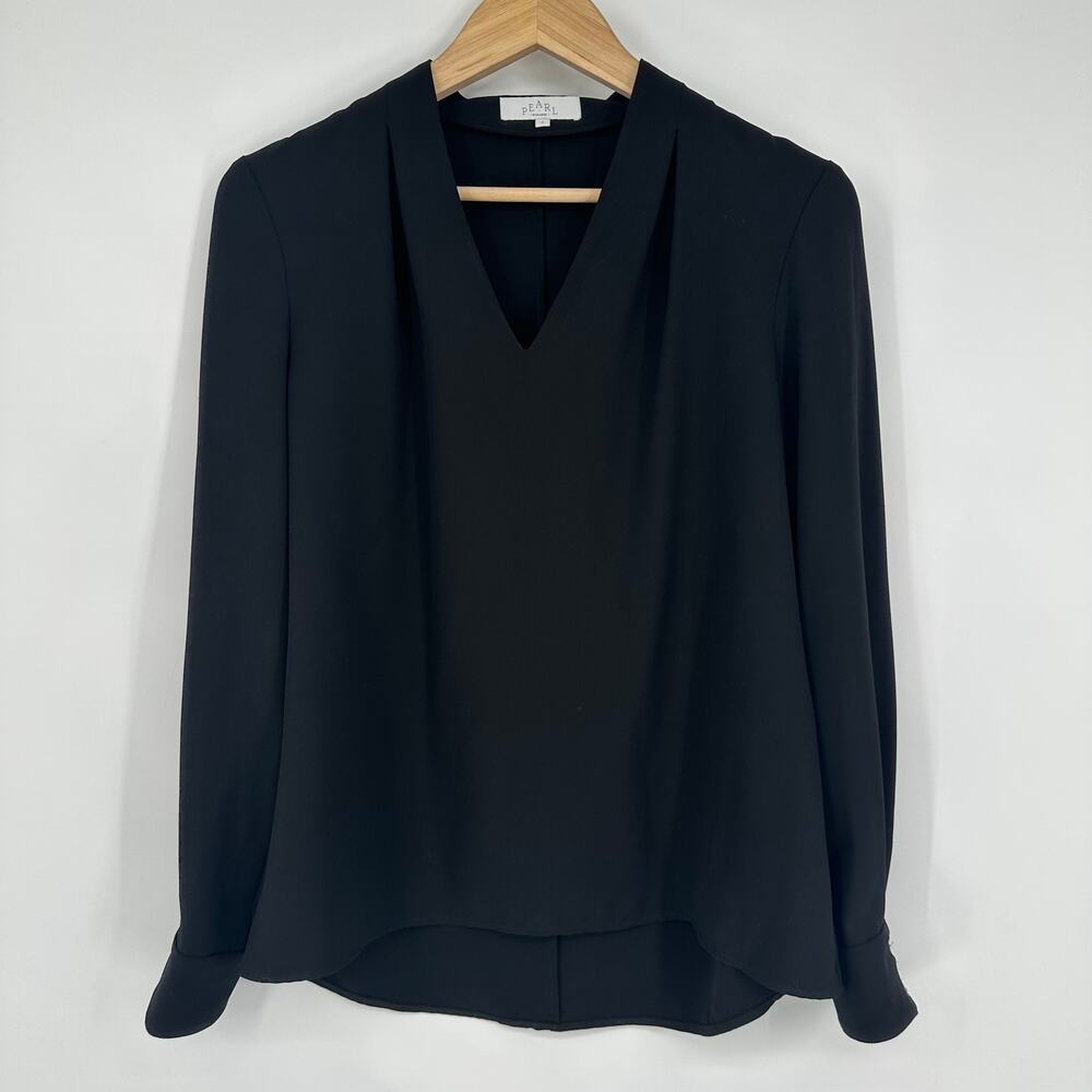 LELA ROSE Pearl Fluid Crepe V-Neck Blouse Long Sleeve Top, Black